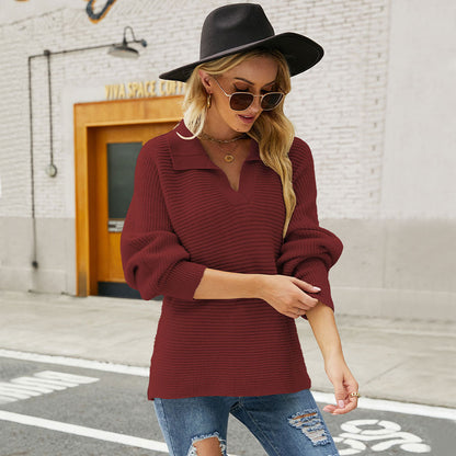 Autumn Winter Women Collared Sweater Loose-Fitting Solid Color Long Sleeves Pullover Sweater for Women