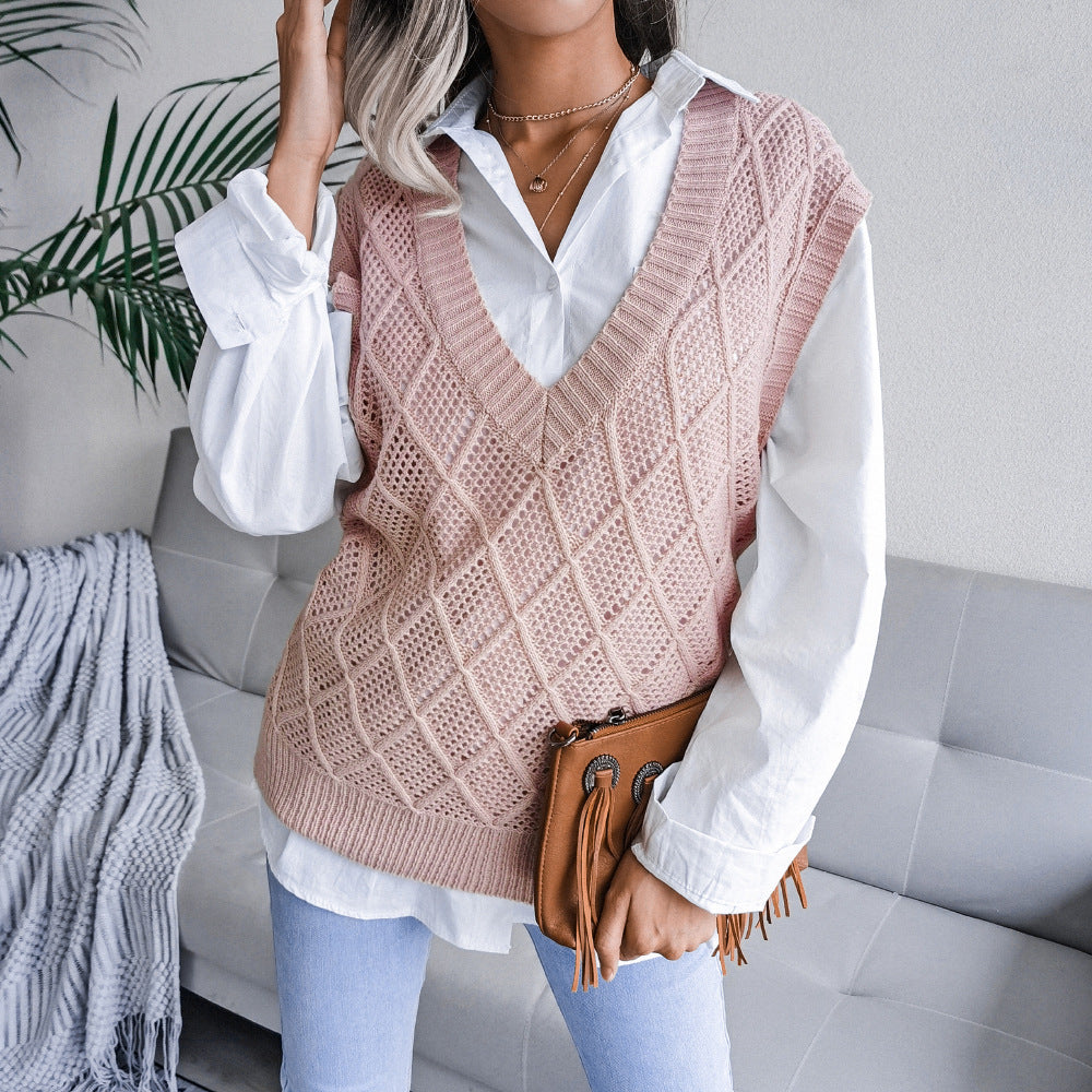 Real shot autumn winter v-neck rhombus Hollow Out Cutout casual knitted sweater vest women clothing