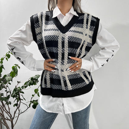 Women  Clothing Autumn Winter Knitted Vest Casual Plaid Sweater