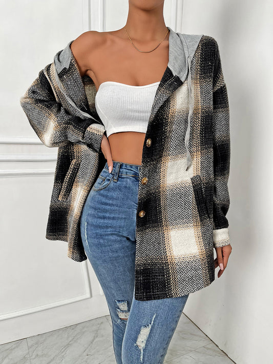 Autumn Winter Single-Breasted  Office Loose Hooded Women Clothing Woolen Plaid Coat Outerwear