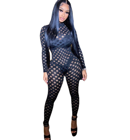 Women Nightclub Sexy Eye Mesh Jumpsuit Stretch Tight Jumpsuit