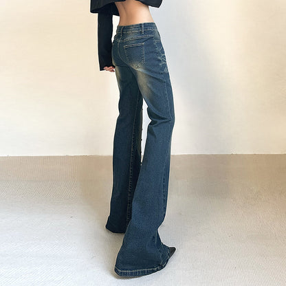 Women Special Rivet Washed Wear White Thin Leg Jeans Sexy High Waist Slimming Mopping Floor Bootcut Trousers