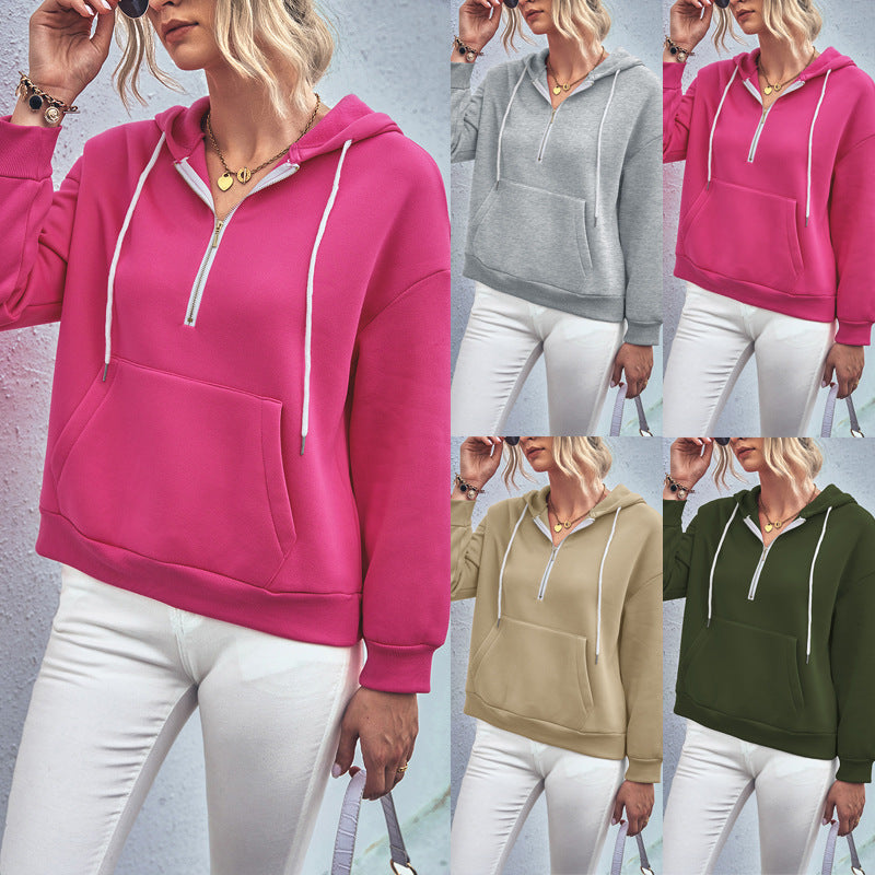Autumn Women Clothing Solid Color Pullover Hooded Casual Hoodie