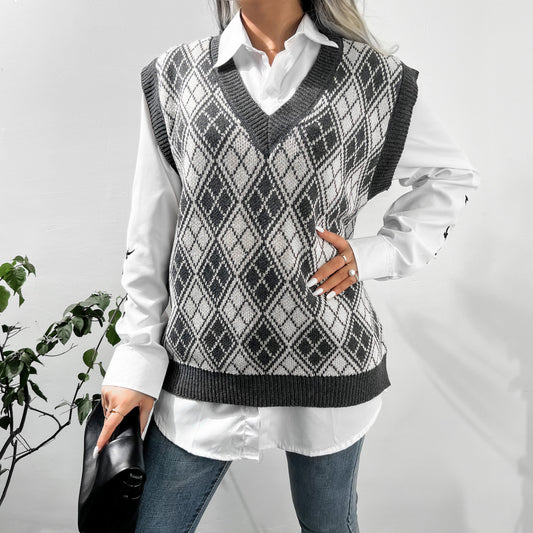 Autumn Winter Knitted Vest Casual Plaid Sweater