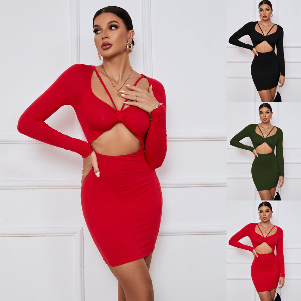 Women Clothing Autumn Winter Party Tight Sheath Wrapped Chest Hollow Out Cutout out Long Sleeve Dress