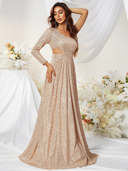 Sequined One Sleeve Side Waist Hollow Out Cutout Out Prom Evening Dress Fishtail Elegant Dress