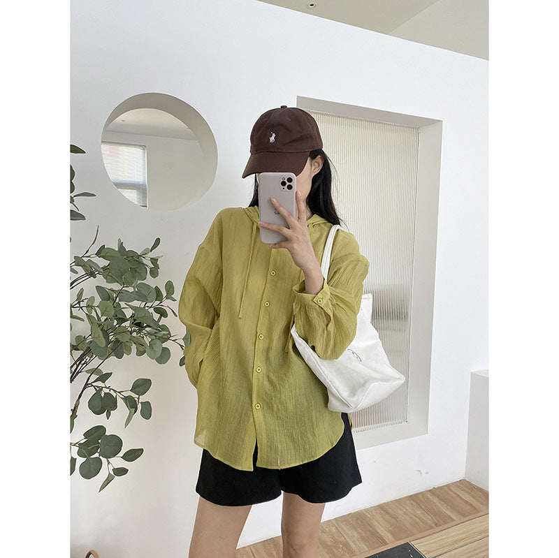 Solid Color Hooded Sunscreen Shirt for Women Summer Refreshing Loose Comfortable Lazy Shirt