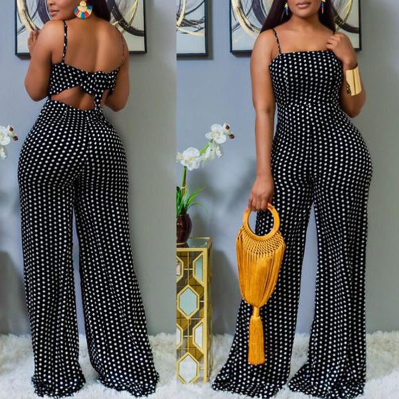 Women Wear Spot Print Chest Wrapped Suspender Jumpsuit