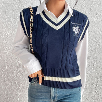 Autumn Winter University Solid Color Hemp Pattern Pullover Vest Knitted Sweater