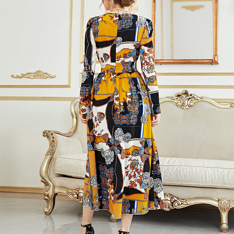 Dress Digital Printing V neck Long Sleeve Maxi Dress Age Reducing Elegant Dress