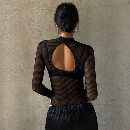 Elegant Slightly Mature Striped Mesh See Through Sexy Long Sleeve Half Turtleneck Backless Bodysuit Women Clothing