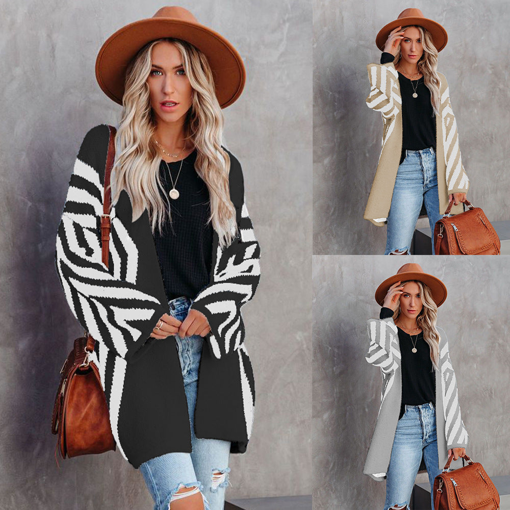 Autumn Winter V-neck Rhombus Stripe Cardigan Women Women Clothing Colorblock Sweater Coat Women