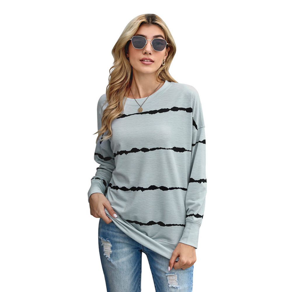 Plus Size Hooded Striped Printed Sweater Women Loose Long Sleeve round Neck Top