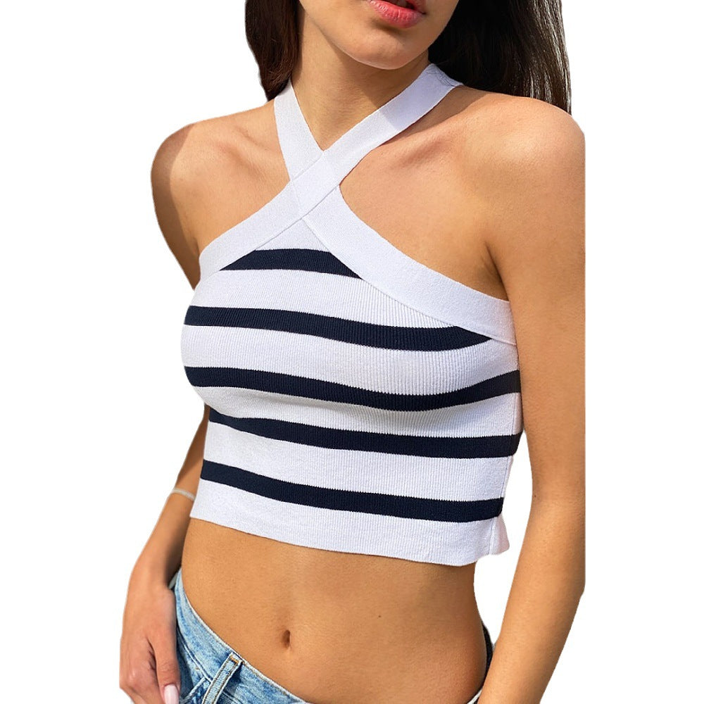 Summer Striped Cross-Halterneck Sexy Knitted Base Tube Top Outer Vest Women Clothing