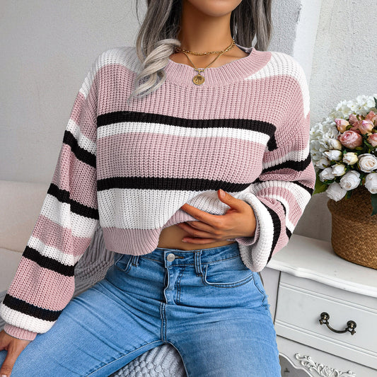 Autumn Winter Casual Striped Long Sleeves Cropped Knitted Sweater Women Clothing