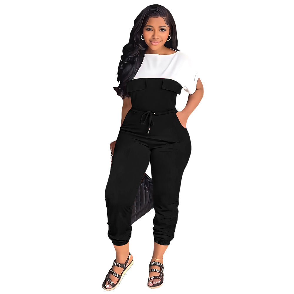 Slim Fit Waist Office Short Sleeve Color Matching Leggings Women Tapered Jumpsuit