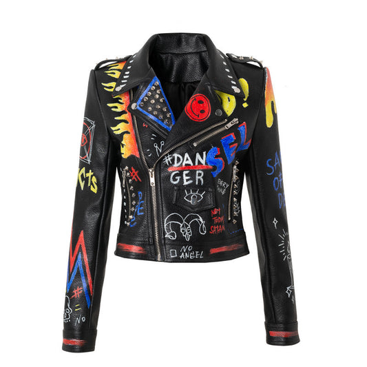 Motorcycle Leather Coat Women Graffiti Printing Coat Women Slim Fit Long Rivet Bullet Faux Leather Jacket