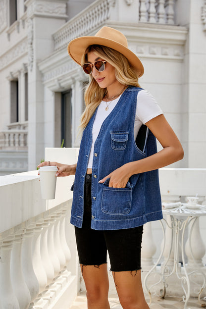 Denim Waistcoat Vest Multi Pocket Personalized Spring Autumn Washed Waistcoat Women