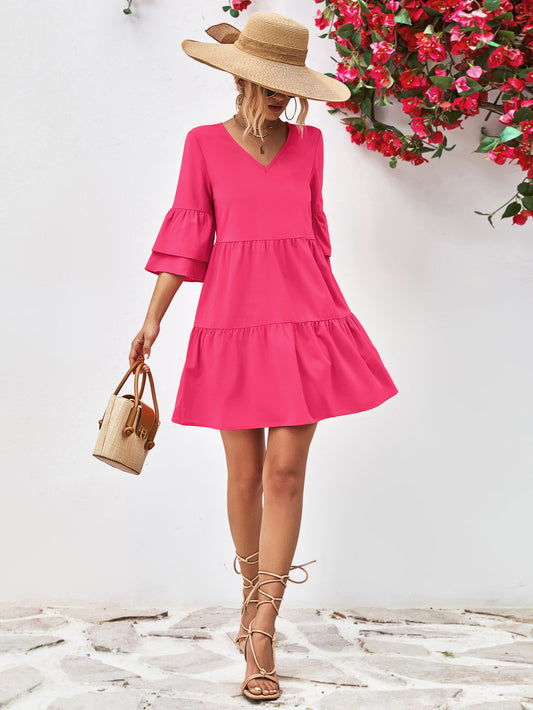 Popular Double Layer Bell Sleeve V neck Doll Type Dress