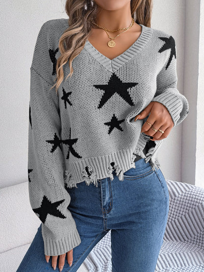 Autumn Winter Casual V neck Cut Long Sleeve Knitted Pullover Sweater Women Clothing