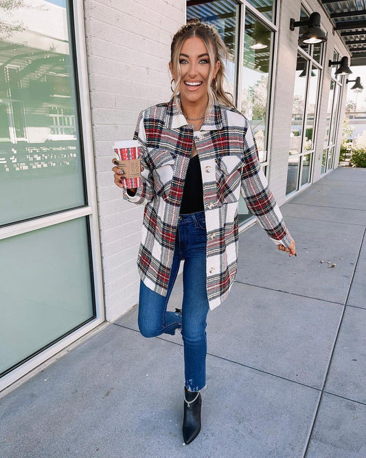 Winter Street Hipster Long Sleeve Collared Loose Women Woolen Plaid Coat