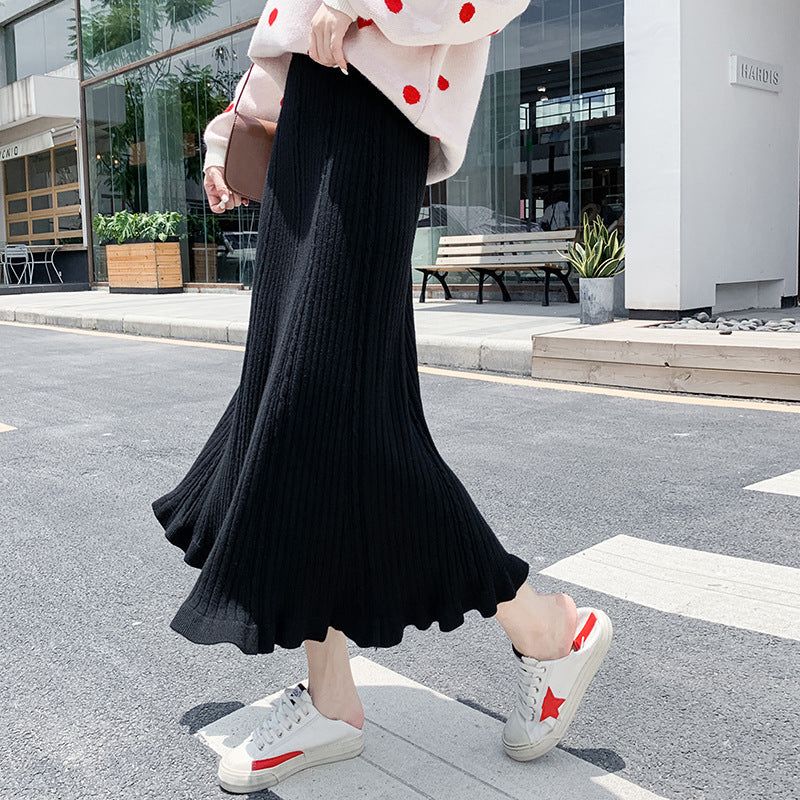 Fall Winter Skirt Women Knitted Umbrella Skirt High Waist A line Large Hem Ruffled Wool Long Skirt