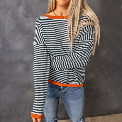 Contrast Color Trim Striped off Shoulder Sweater Women Loose All Matching Long Sleeve Top