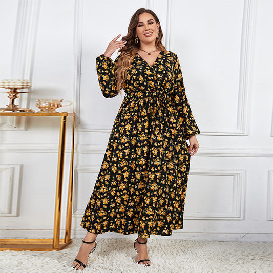 Plus Size Loose High Waist Casual V neck Print Dress