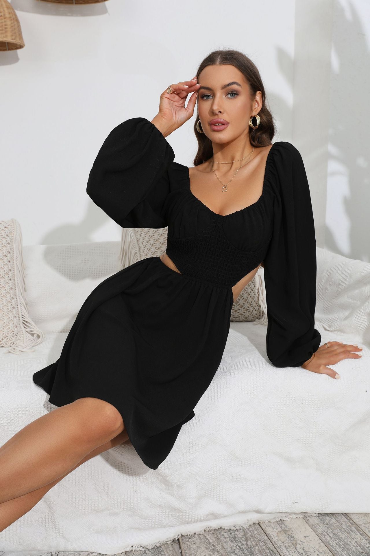 Spring Summer Smocking Waistline Hollow Out Cutout Square Cut Collar Long Sleeve Dress Women Clothing