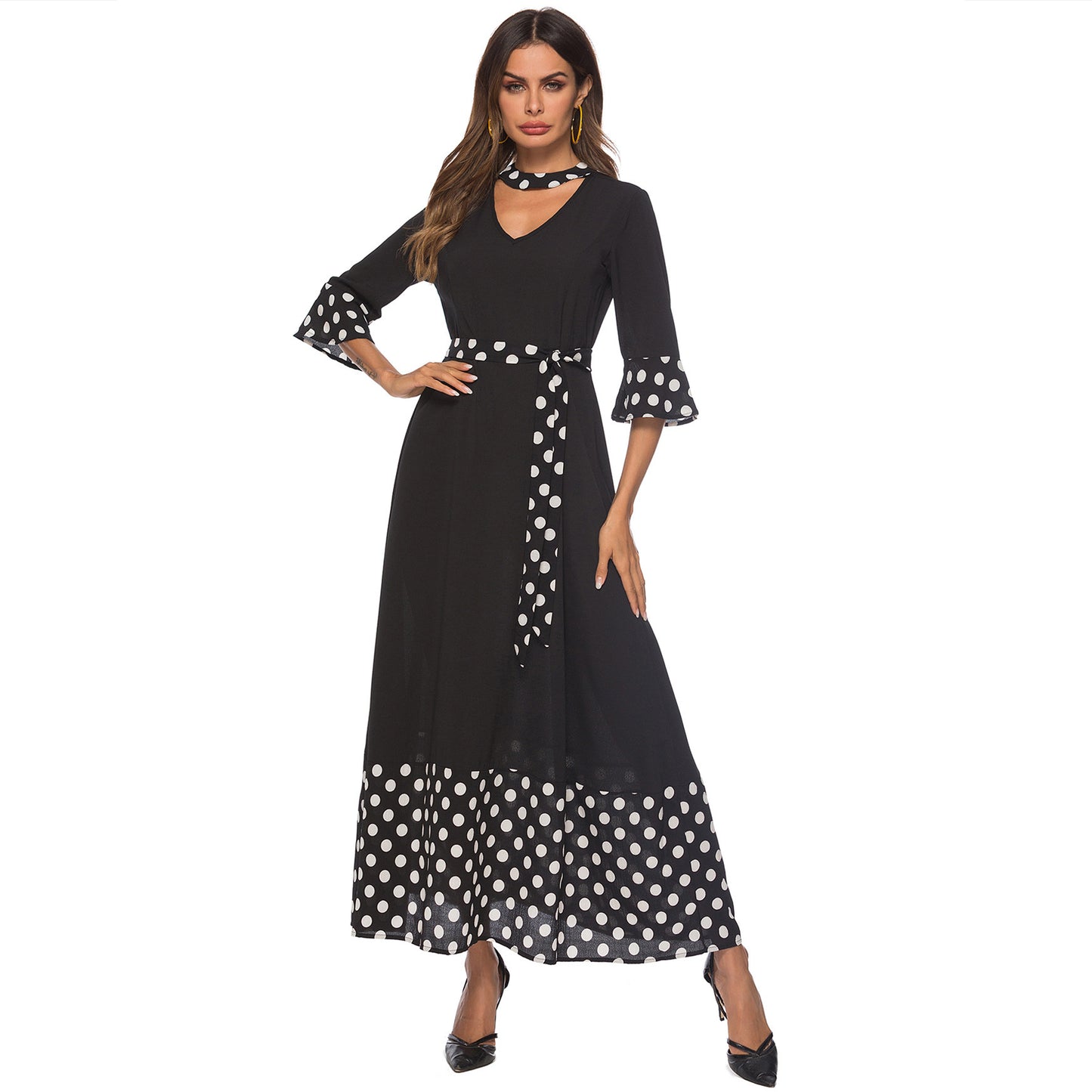 Women Clothing Dress V neck Flared Sleeves Stitching Polka Dot Dress