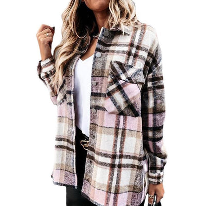 Autumn Winter Women Clothing Plaid Long-Sleeved  Single-Breasted Casual Outerwear Shacket Jacket Outerwear