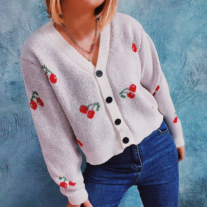 Autumn Winter Small Coat Single-Breasted Long Sleeve Short Sweater Cardigan for Women Sweet Cute Cherry Pattern