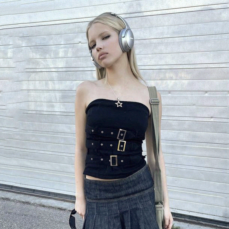 Punk Dark Corns Multiple Straps Metal Adjustment Buckle Tube Top Vest Sexy off the Shoulder Sexy Top