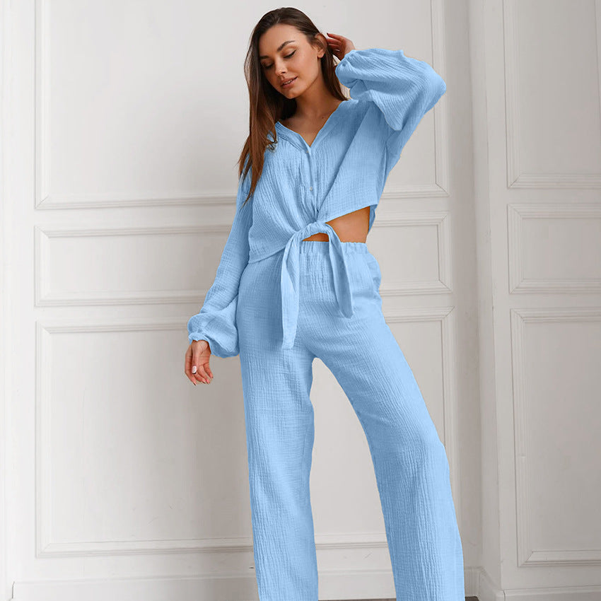 Autumn Winter Blue Color Simple Outdoor Long Sleeved Trousers Pajamas Two Piece Set Home Wear for Women
