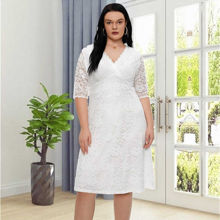 Plus Size Evening Dress Short Hollow Out Cutout Lace Dress