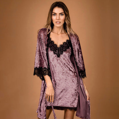 Autumn Winter New Pleuche Spaghetti Strap Lace Mid-Length Nightdress Cardigan Waist Tight Two Piece Pajamas Pajamas Women