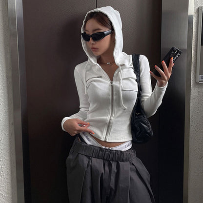 Hooded Zipper Short Jacket Women  Autumn Solid Color Cardigan Slim Fit Slimming Long Sleeves T shirt Top