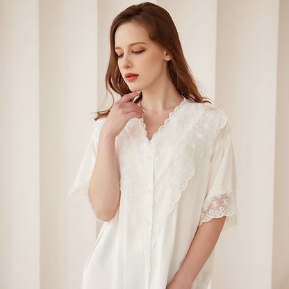 Ice Silk Night Dress Women Summer Lace Homewear French Artificial Silk Nightdress Sexy Silk Pajamas