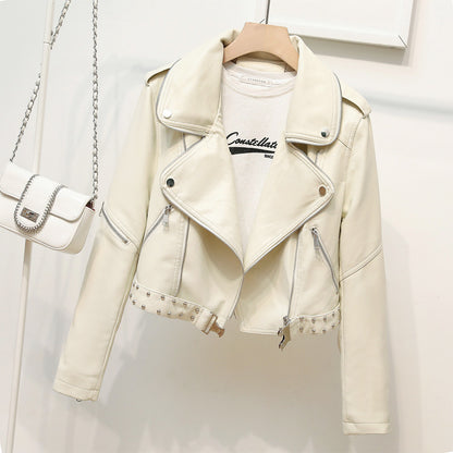 Waist Belt Rivet Heavy Industry Zipper Decorations Collared Women Faux Leather Coat Epaulet Leather Jacket Coat