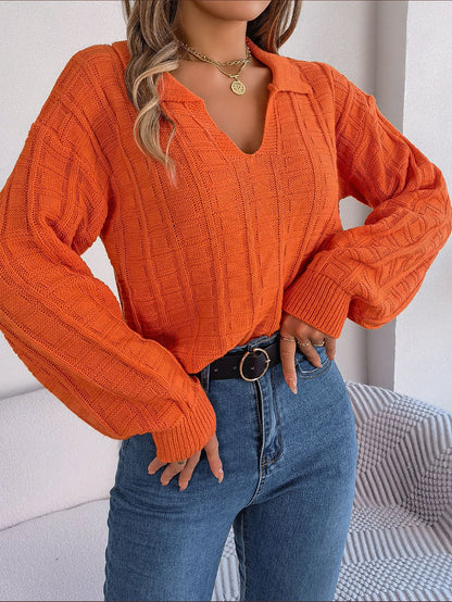 Autumn Winter Casual Polo Collar Solid Color Plaid Long Sleeve Knitted Pullover Sweater Women Clothing