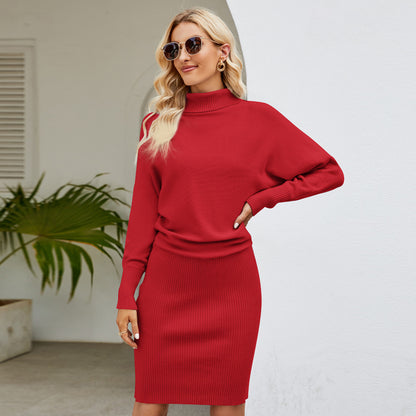 Elegant Women Solid Color Long Knitted Dress Simple Slimming Sheath High Collar Sweater Dress