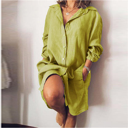 Fall Women Clothing Cotton Linen Mid-Length Long Sleeve Solid Color Cardigan Single-Breasted Shirt Dress