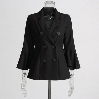 Office Coat Autumn Tailored Collar Double Breasted Bell Sleeve Slim Fit Small Business Women