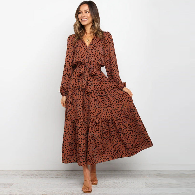 Print Long Sleeve Loose Pleated Dress Women Clothing