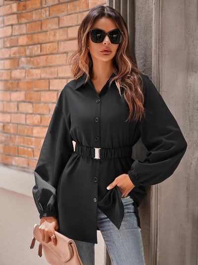 Casual Autumn Winter Women Clothing Solid Color Shirt Collar Single Breasted Belt Shacket Women