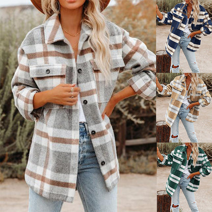 Women Clothing Autumn Winter New  Plaid Button Shacket Flannel Woolen Coat Coat