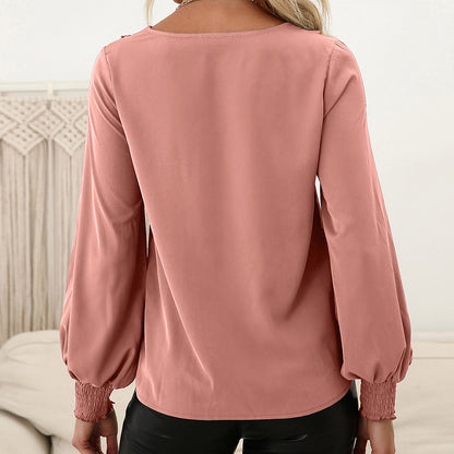 Stitching Wooden Ear Lace Smocking Long Sleeved Shirt round Neck Pullover Shirt Top for Women