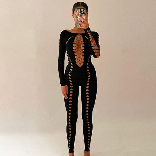 Women off Shoulder Long-Sleeved One Piece Trousers Women Clothing Sexy Hollow Out Cutout out See through