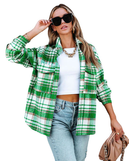 Women Autumn Winter Ladies Plaid Jacket Casual Loose Pockets Shirts