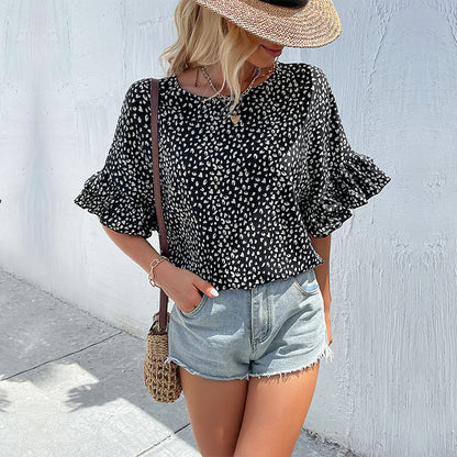 Summer Loose Leopard Print Top Batwing Sleeve Printed Shirt for Women